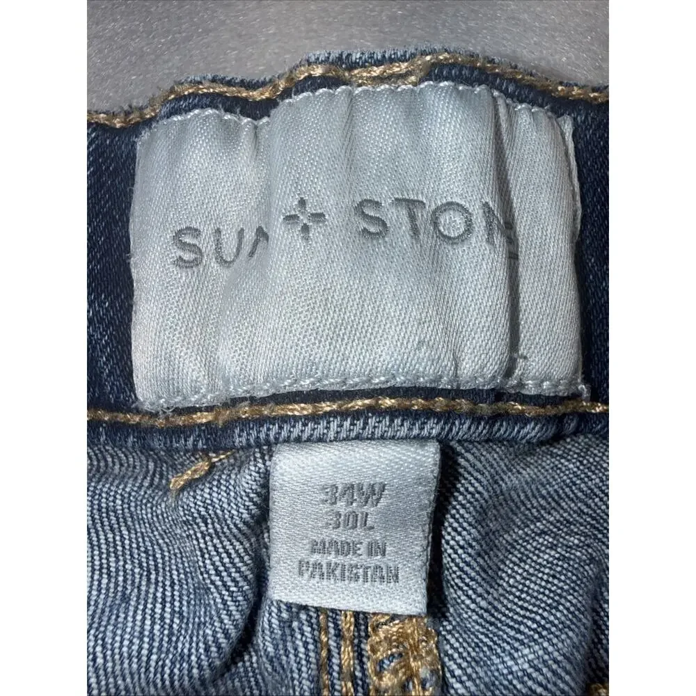 Sun + Stone Mens 34x30 Distressed Patch Straight Leg Stretch Jeans Light Wash